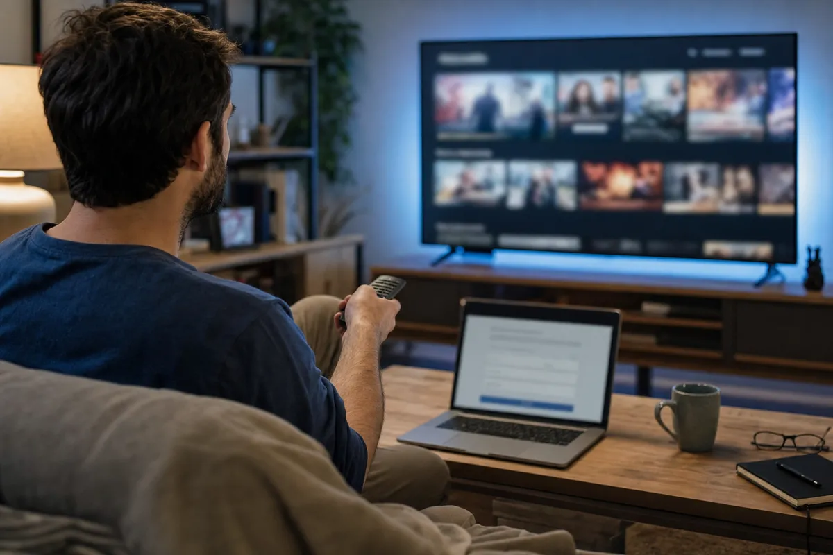 Persona sul divano con telecomando davanti a una TV con catalogo streaming e un laptop aperto sul tavolino