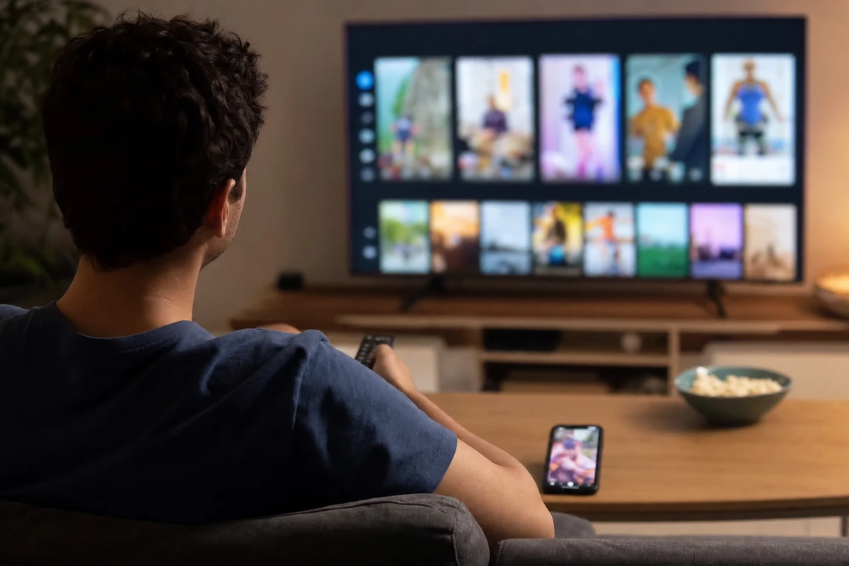 Persona sul divano guarda una smart TV con miniature di video, con smartphone sul tavolino e telecomando in mano