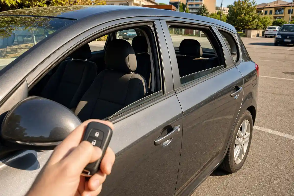 Mano con telecomando dell’auto davanti a una station wagon grigia con finestrini abbassati in un parcheggio soleggiato