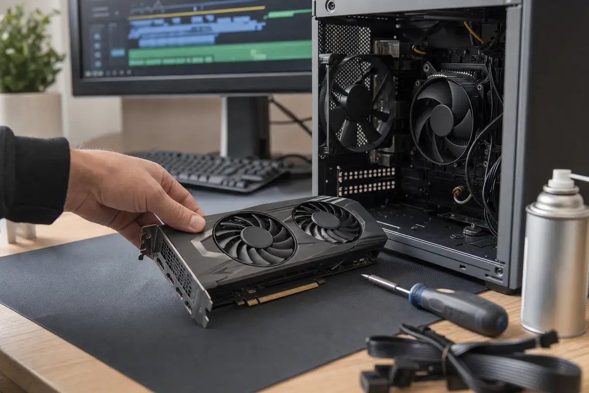 Mano che appoggia una vecchia scheda grafica su un tappetino accanto a un PC aperto, con cacciavite e bomboletta d’aria