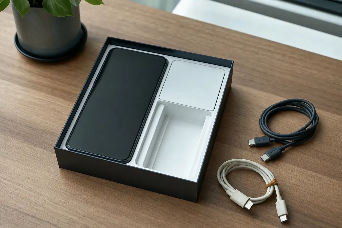 Scatola di smartphone aperta con vano accessori vuoto e due cavi USB-C appoggiati sul tavolo