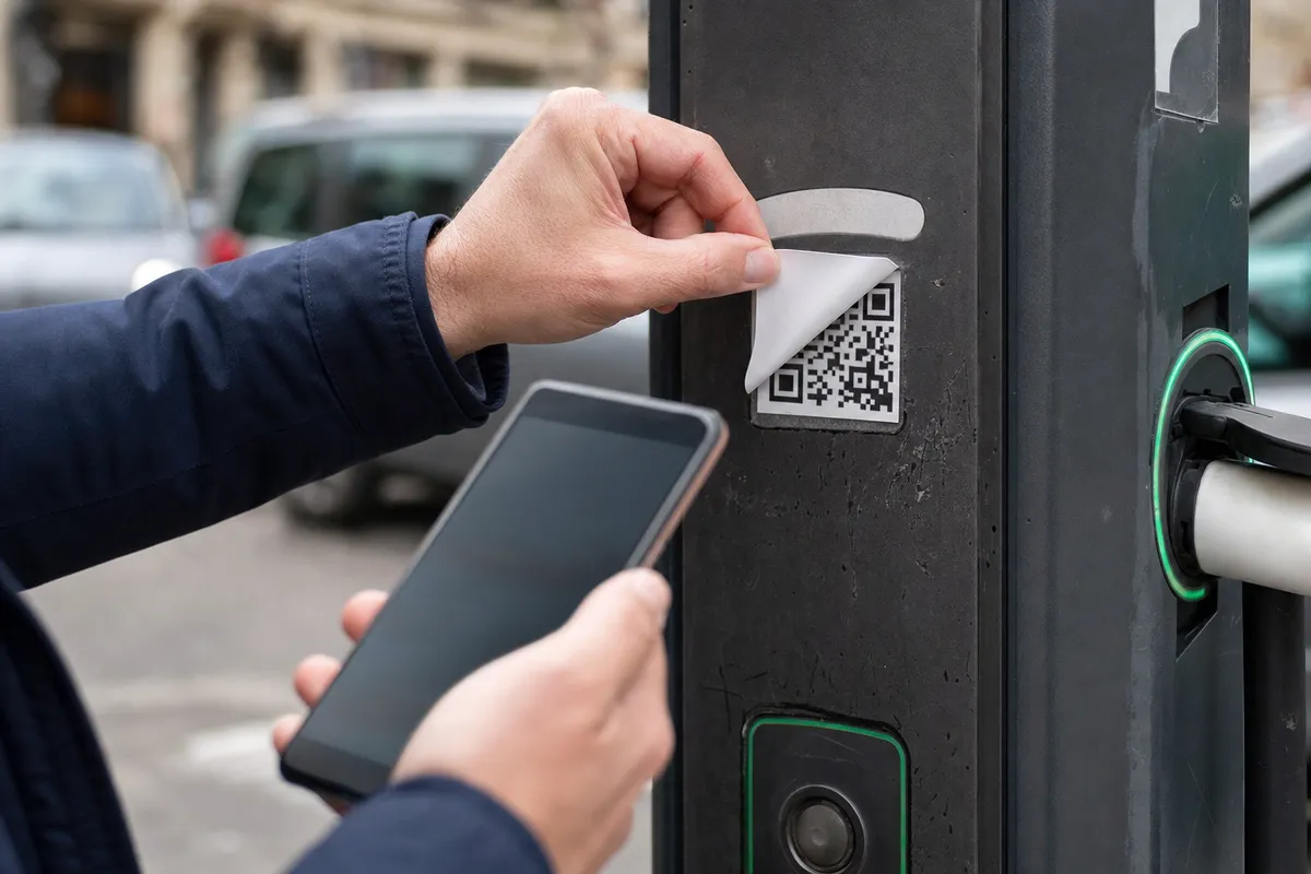 Mano solleva un adesivo con codice QR su una colonnina, con smartphone in primo piano