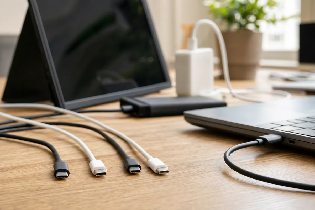 Connettori USB-C neri e bianchi su scrivania in legno, con laptop collegato e accessori sullo sfondo