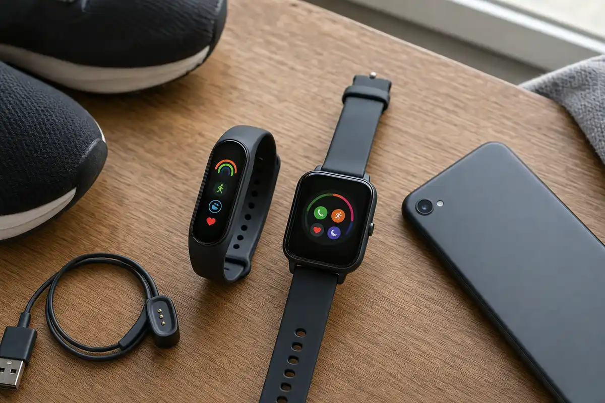 Smart band e smartwatch neri su tavolo di legno con cavo di ricarica, smartphone e scarpe da running sullo sfondo