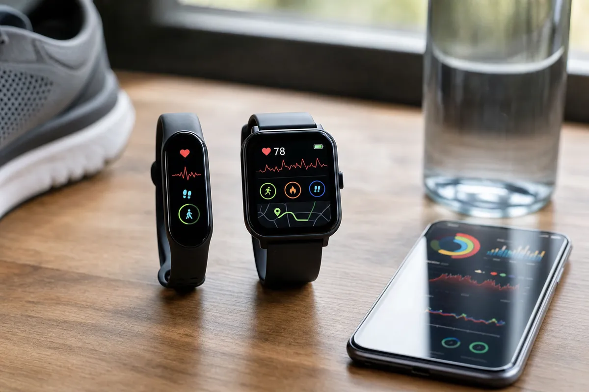 Smart band e smartwatch su un tavolo accanto a uno smartphone con grafici fitness, con scarpa da corsa e bottiglia sfocate