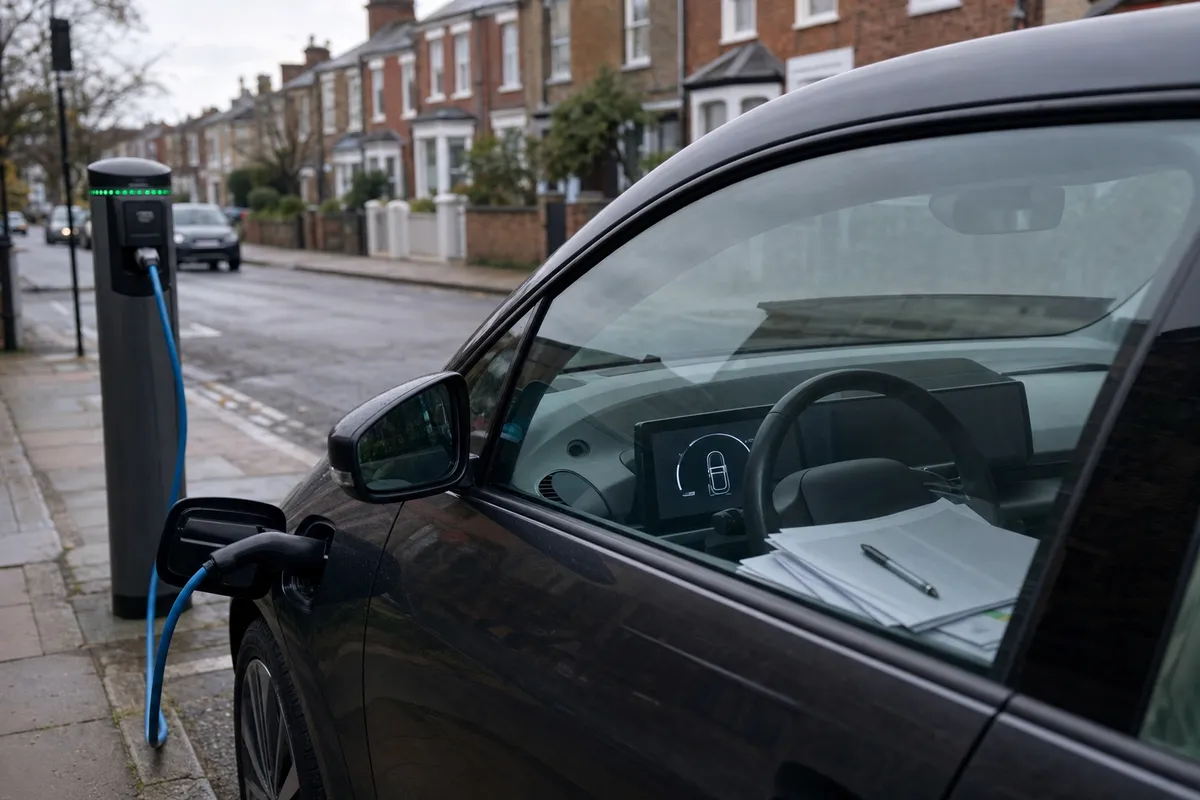 Auto elettrica in ricarica a una colonnina su strada residenziale, con documenti e penna sul cruscotto