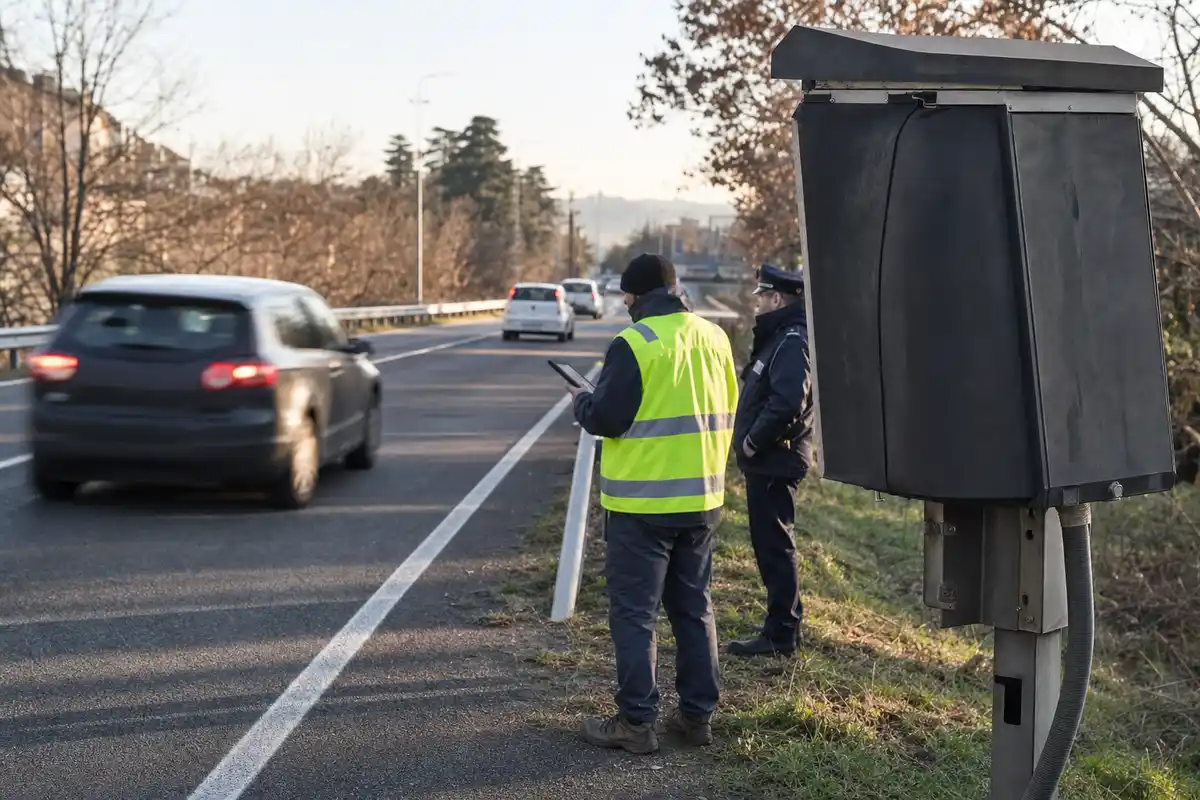 Autovelox con copertura scura a bordo strada, con tecnico in gilet alta visibilità e agente di polizia vicino