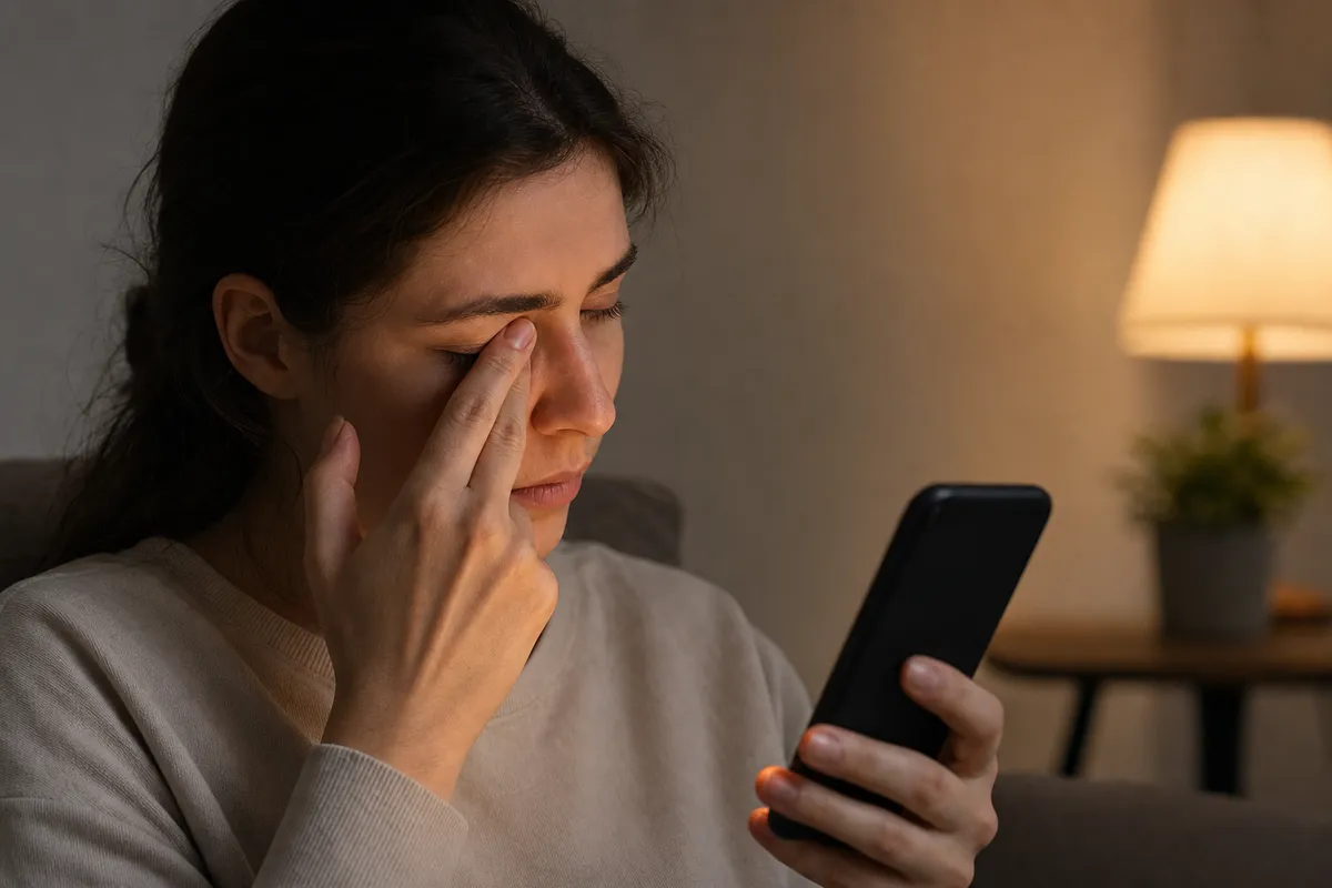 Donna stanca si strofina un occhio mentre guarda lo smartphone in una stanza illuminata da una lampada