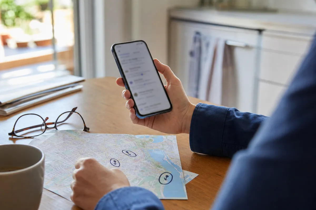Mano che tiene uno smartphone sopra una mappa cartacea con luoghi cerchiati, occhiali e tazza di caffè sul tavolo