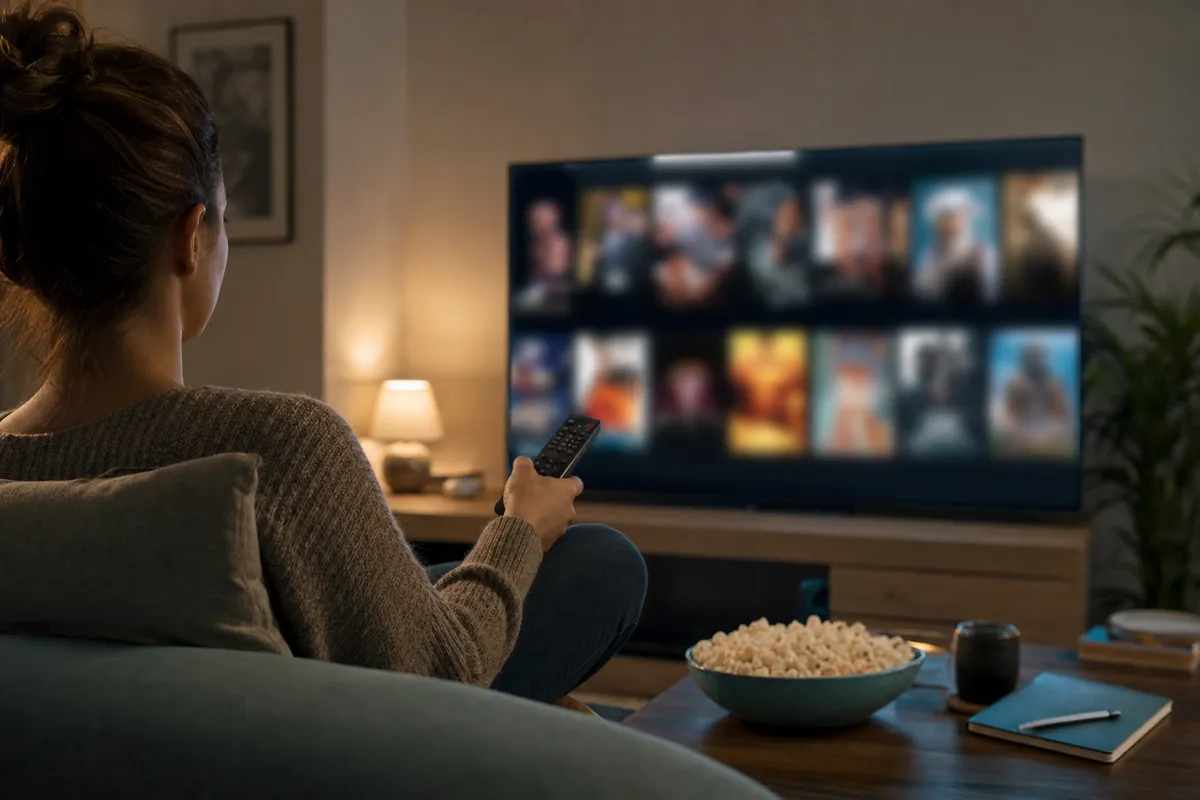 Persona sul divano con telecomando mentre sceglie un film su una TV con menu di streaming sfocato