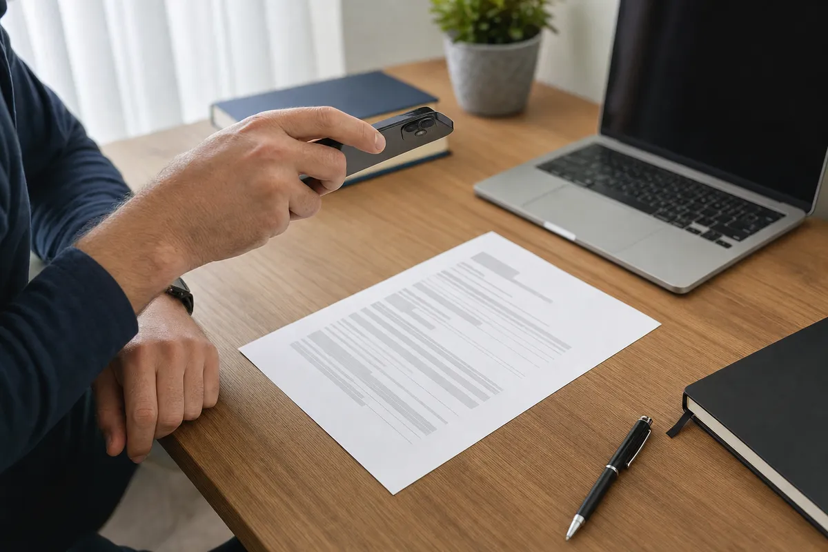 Smartphone tenuto sopra un foglio su una scrivania, mentre si scansiona un documento; sullo sfondo laptop e penna