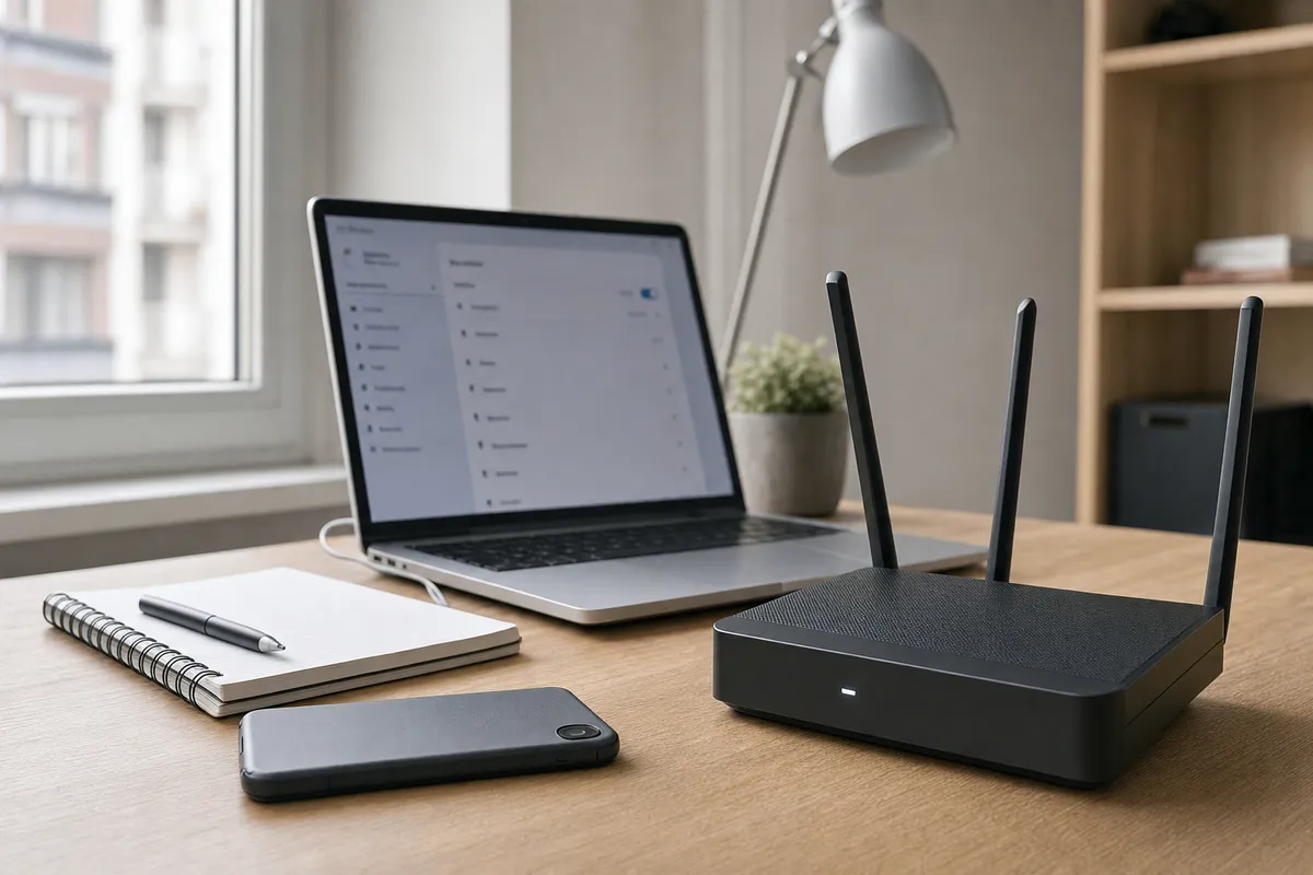 Router Wi‑Fi con tre antenne accanto a un laptop con impostazioni di rete aperte su una scrivania