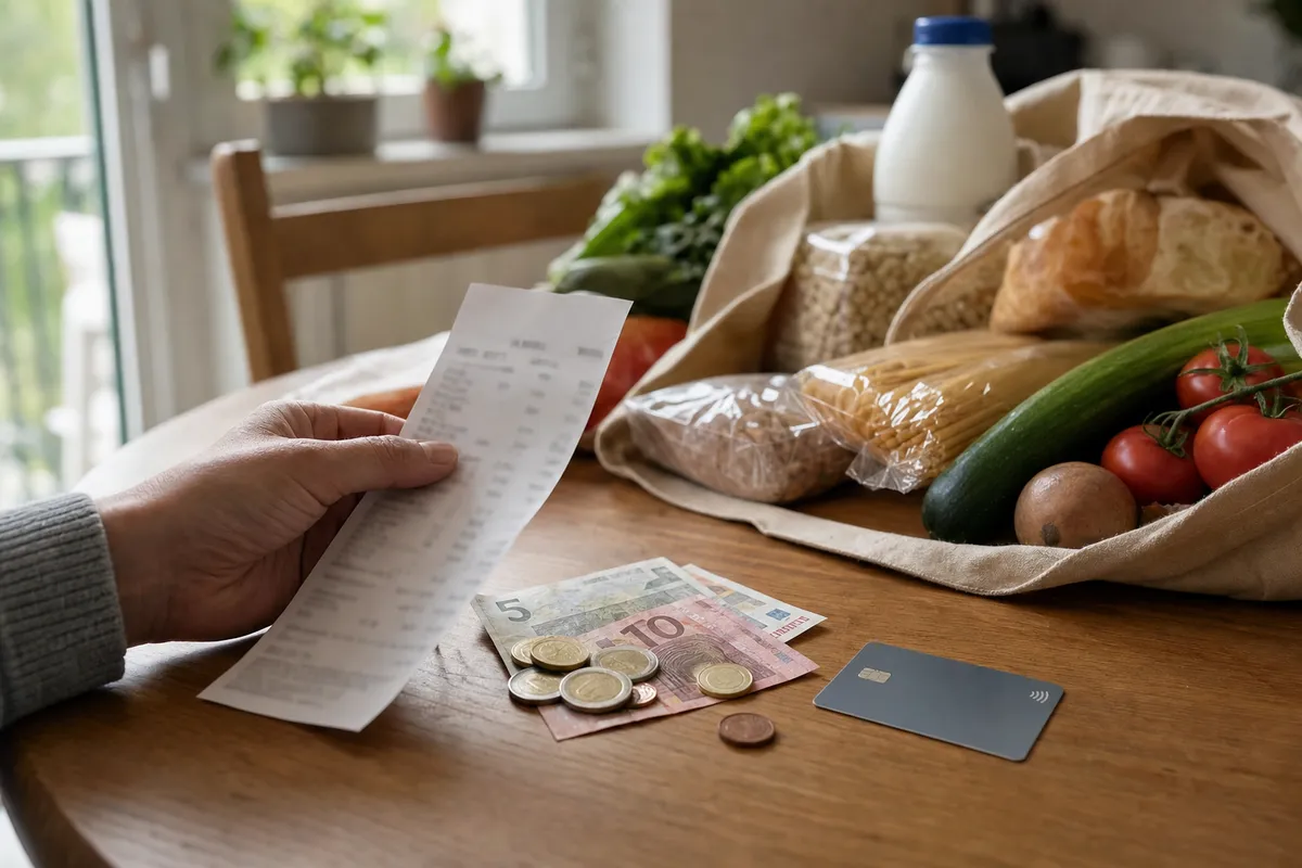 Mano che controlla uno scontrino sul tavolo con banconote e monete in euro e una carta, accanto a una borsa della spesa