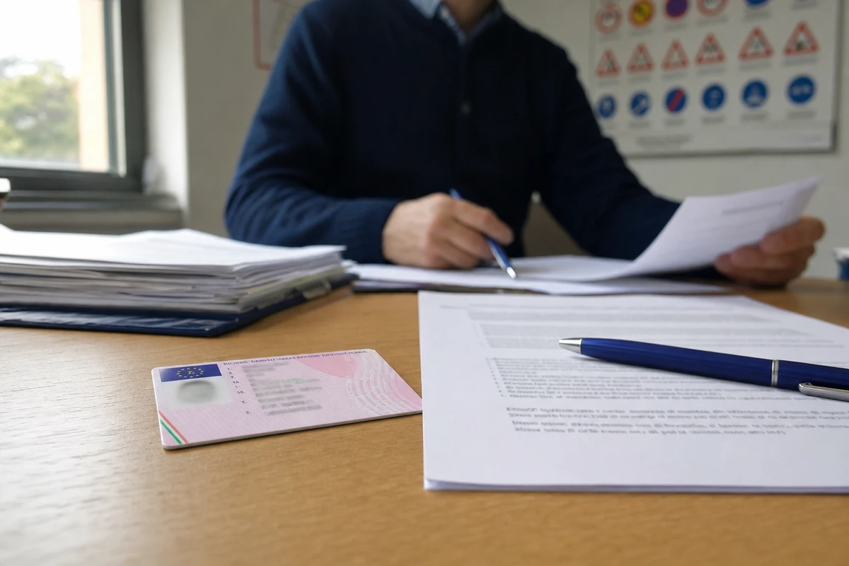 Patente di guida su una scrivania con documenti e penna, mentre un addetto sfocato esamina pratiche sullo sfondo