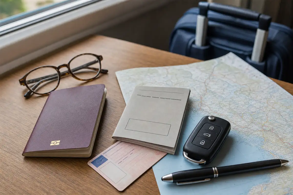 Documenti di viaggio su un tavolo: passaporto, permesso di guida, patente, chiave auto, mappa, penna e occhiali