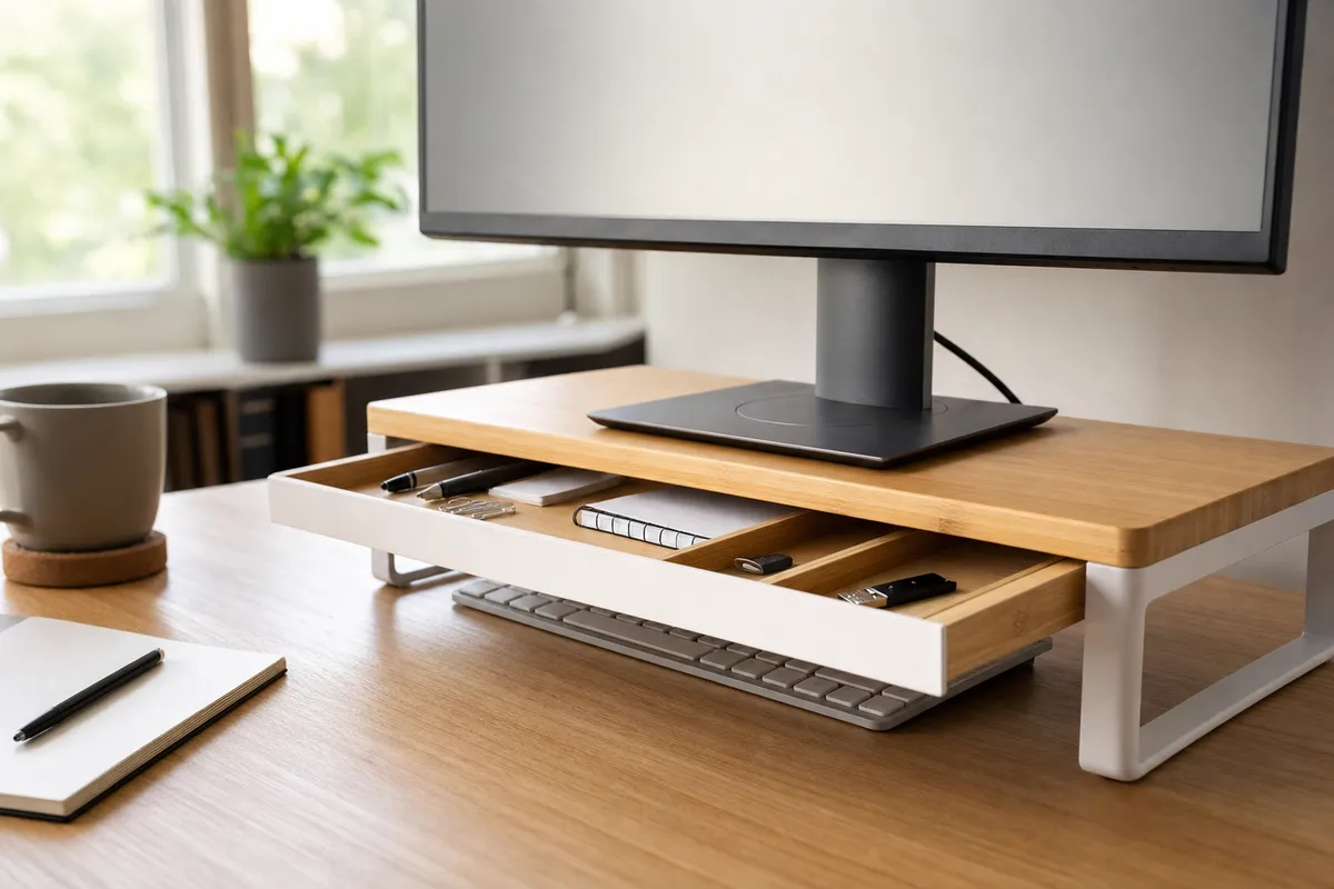 Supporto per monitor in bambù con struttura bianca e cassetto aperto su scrivania ordinata, tastiera sotto