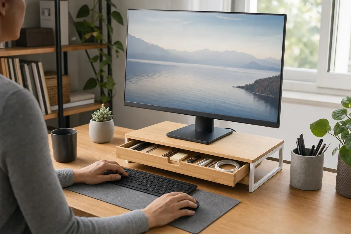 Monitor su rialzo in bambù con cassetto aperto e tastiera su scrivania in home office