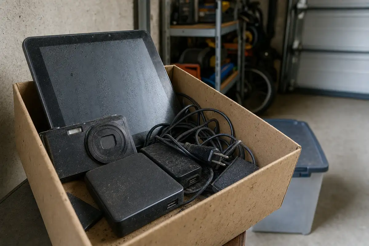 Scatola di cartone con tablet umido, fotocamera, cavi e alimentatori impolverati in un garage