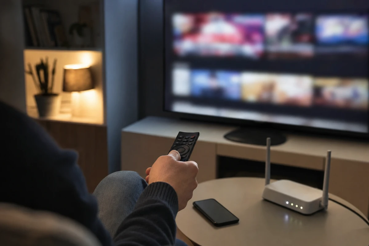 Mano con telecomando davanti a smart TV sfocata, con router Wi‑Fi e smartphone su un tavolino in salotto