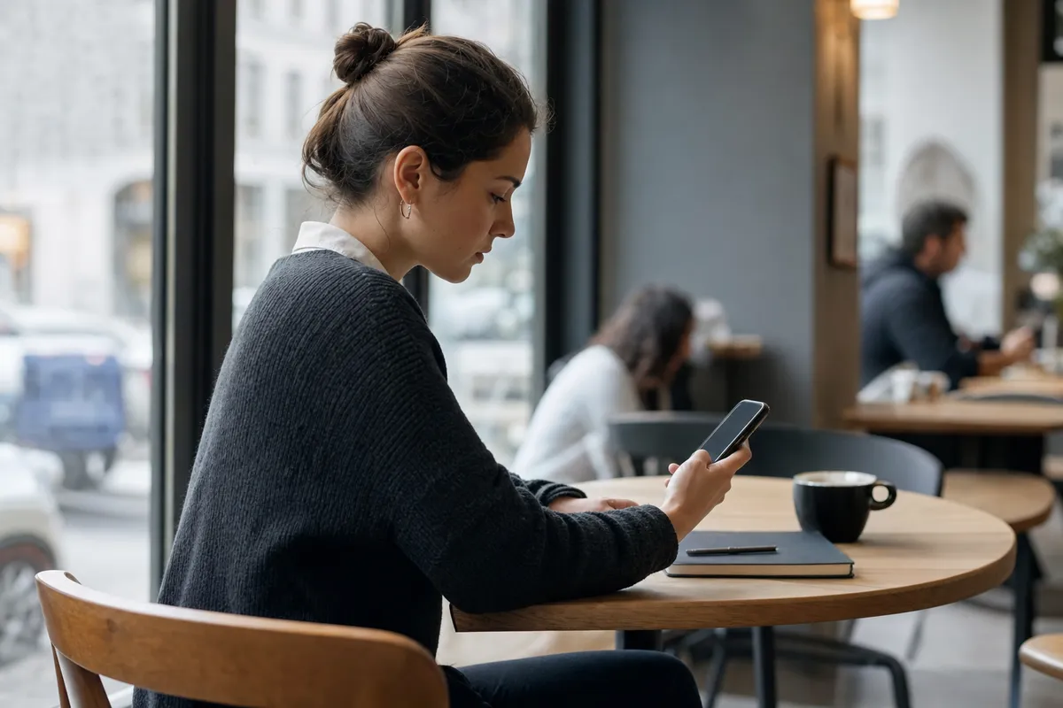 Donna seduta in un bar guarda lo smartphone al tavolo, con tazza di caffè e taccuino accanto