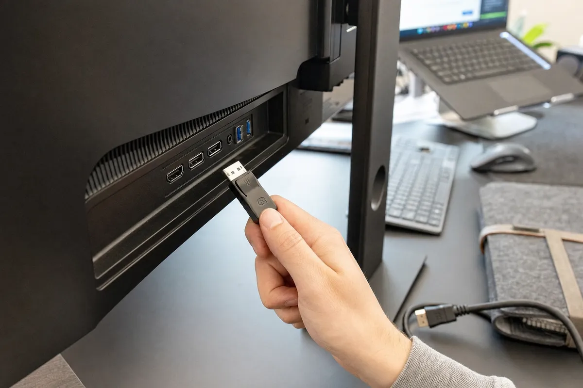 Mano con cavo DisplayPort davanti alle porte video sul retro di un monitor, con un cavo HDMI sul desk