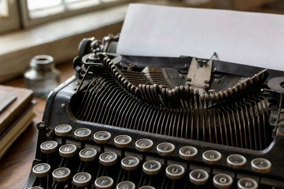 Primo piano di una macchina da scrivere vintage con tasti QWERTY e leve metalliche, foglio bianco inserito