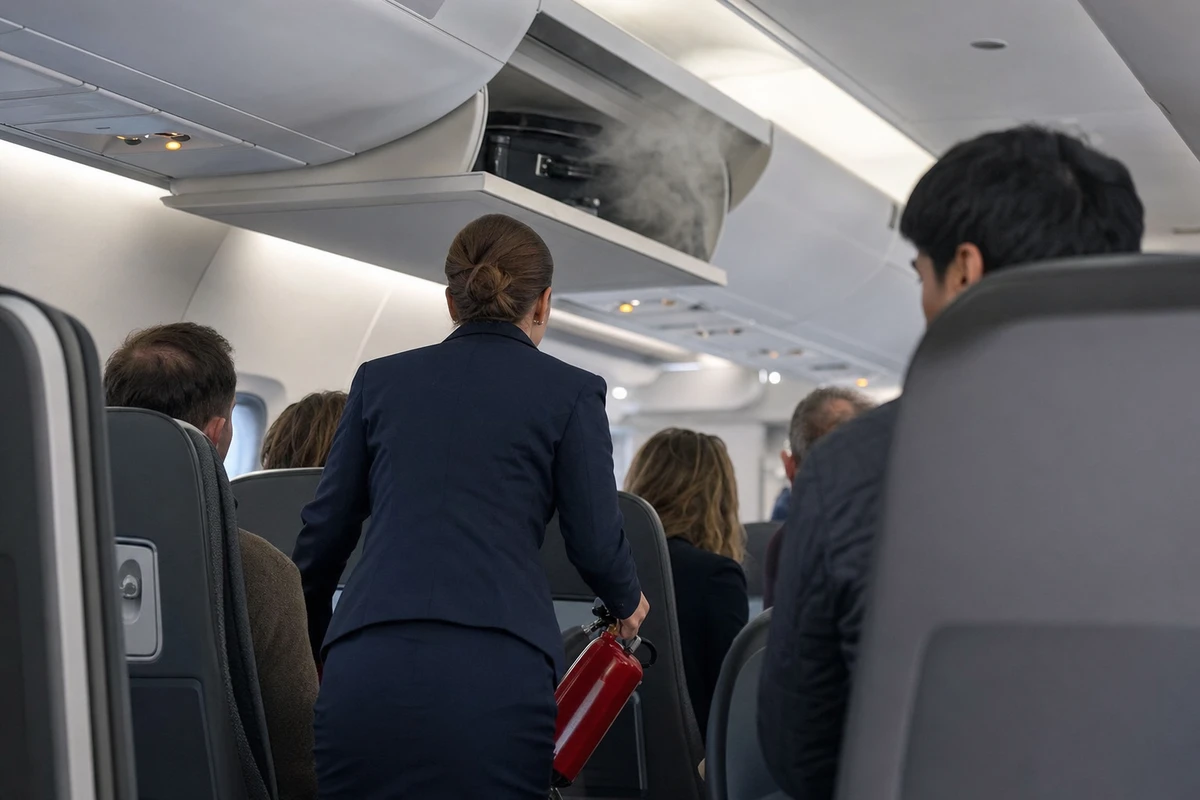 Assistente di volo si avvicina con un estintore a una cappelliera aperta da cui esce fumo in cabina