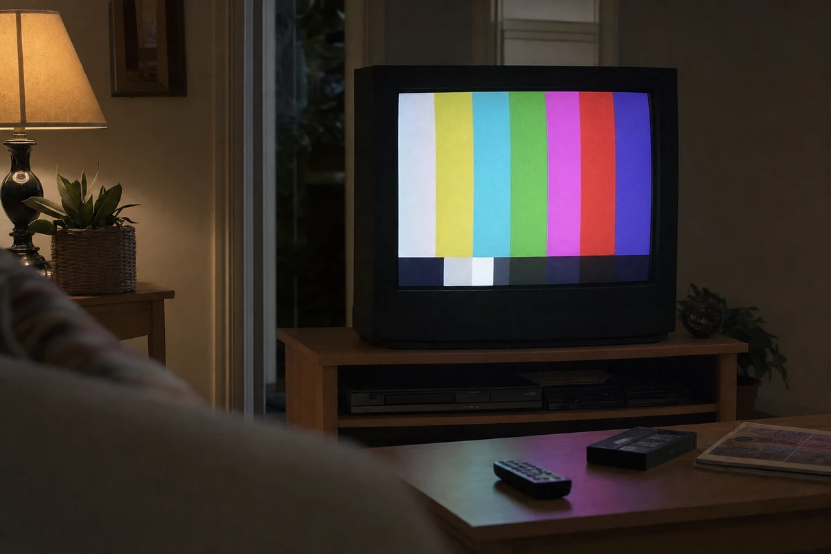 Vecchia TV a tubo catodico con barre colorate su schermo in un salotto notturno, con lampada accesa