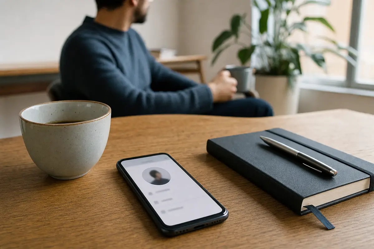 Smartphone su tavolo di legno con schermata profilo sfocata, tazza, taccuino e penna; persona sullo sfondo