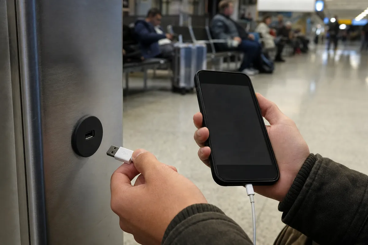 Mano con smartphone e cavo vicino a una porta USB pubblica su una colonna metallica in una sala d’attesa