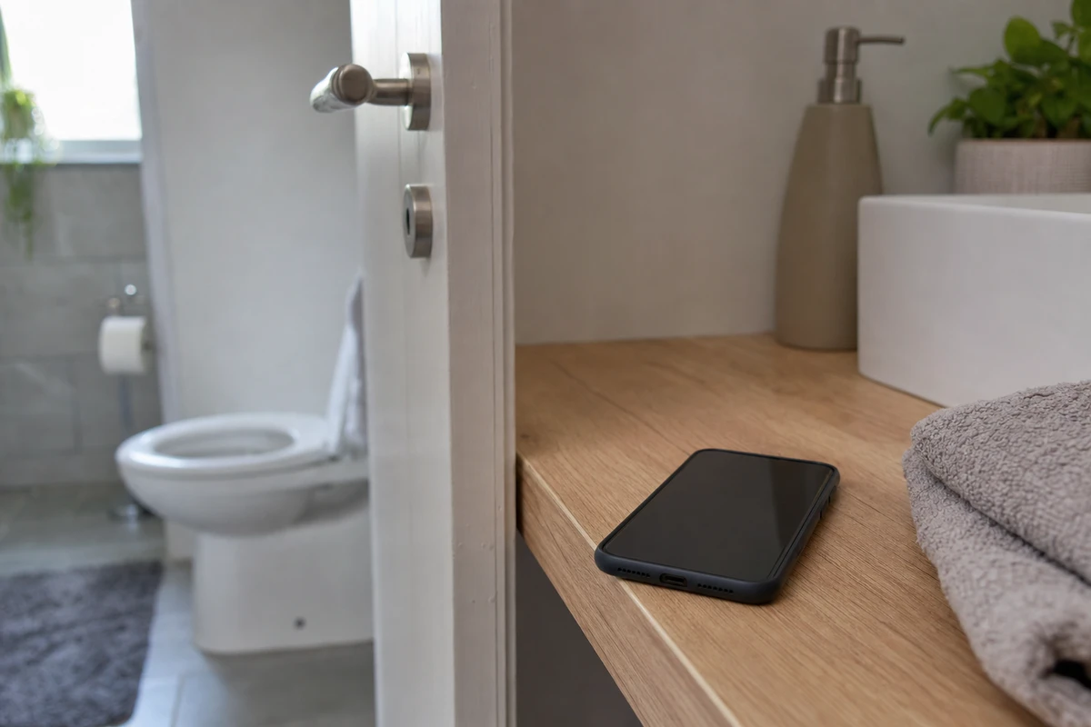 Smartphone con schermo spento su un ripiano in legno vicino al lavandino, con wc sfocato sullo sfondo