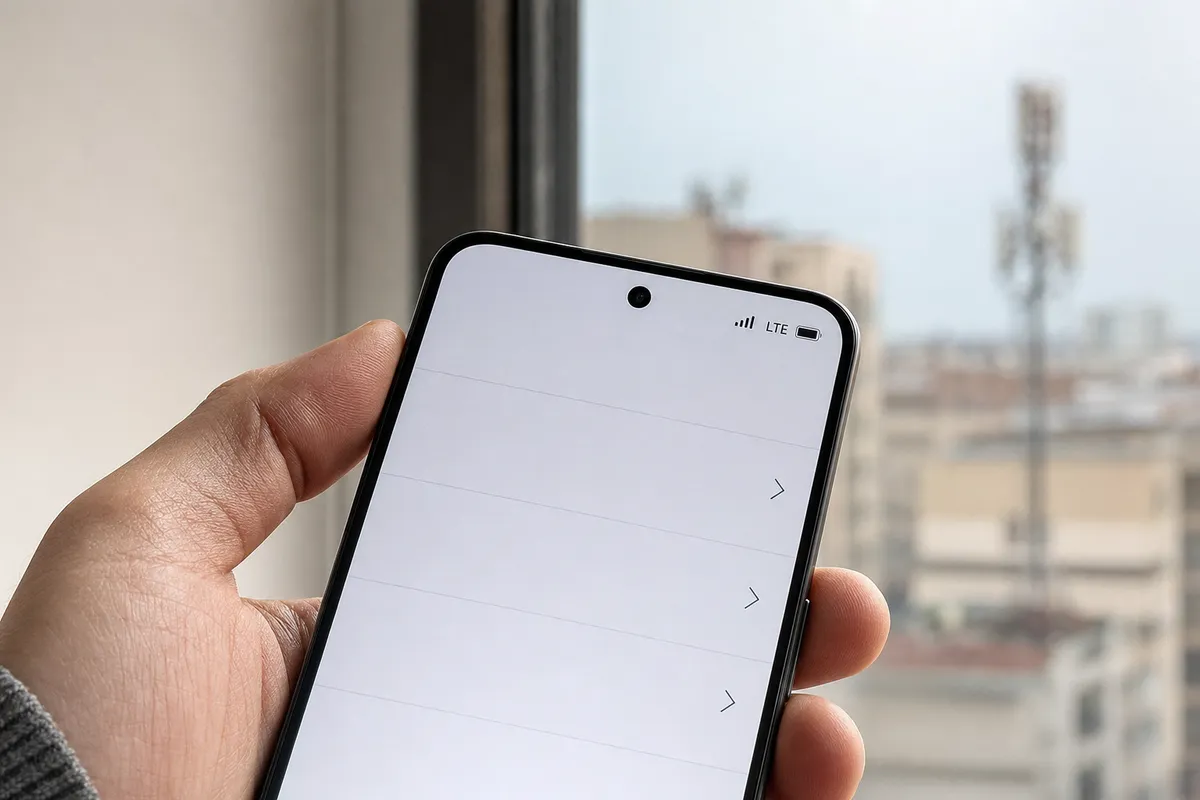 Mano che regge uno smartphone vicino a una finestra con l’indicatore LTE e le tacche del segnale sullo schermo