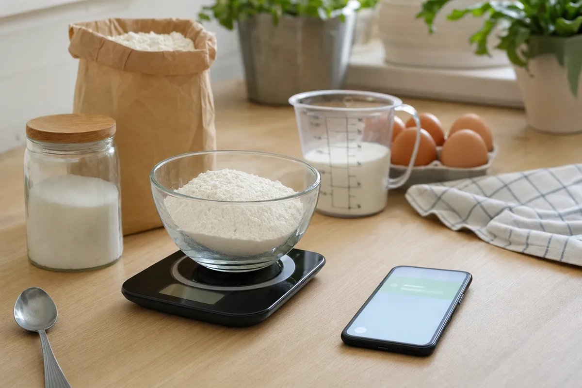 Bilancia da cucina con ciotola di farina su un tavolo, accanto uno smartphone e ingredienti per cucinare