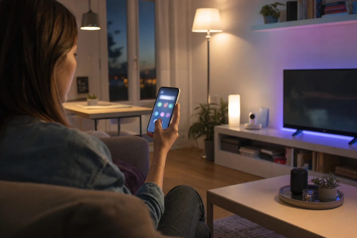 Persona sul divano usa lo smartphone per controllare l’illuminazione smart in salotto, con TV e luce blu sullo sfondo