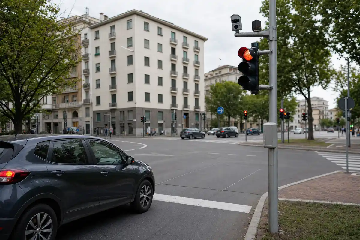 Semaforo rosso con telecamera di controllo su palo e auto ferma prima della linea d’arresto in un incrocio urbano