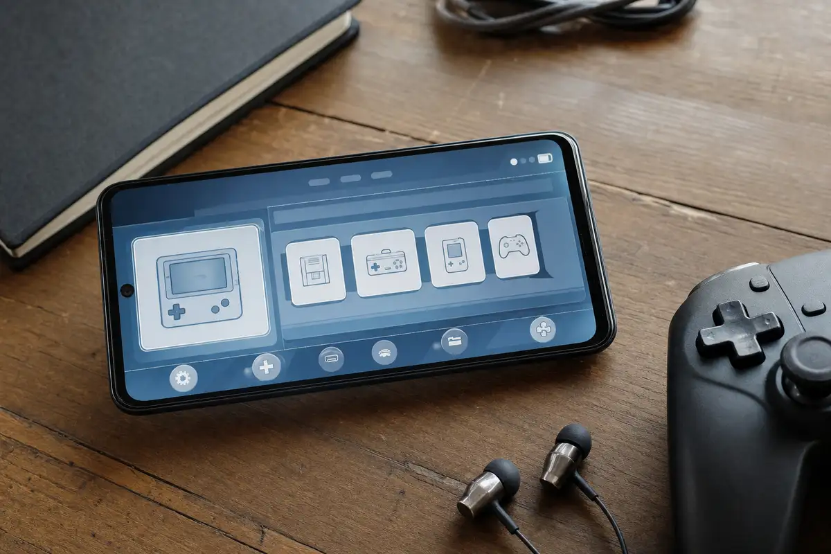 Smartphone Android su scrivania in legno con launcher stile console retrò, vicino a controller e auricolari