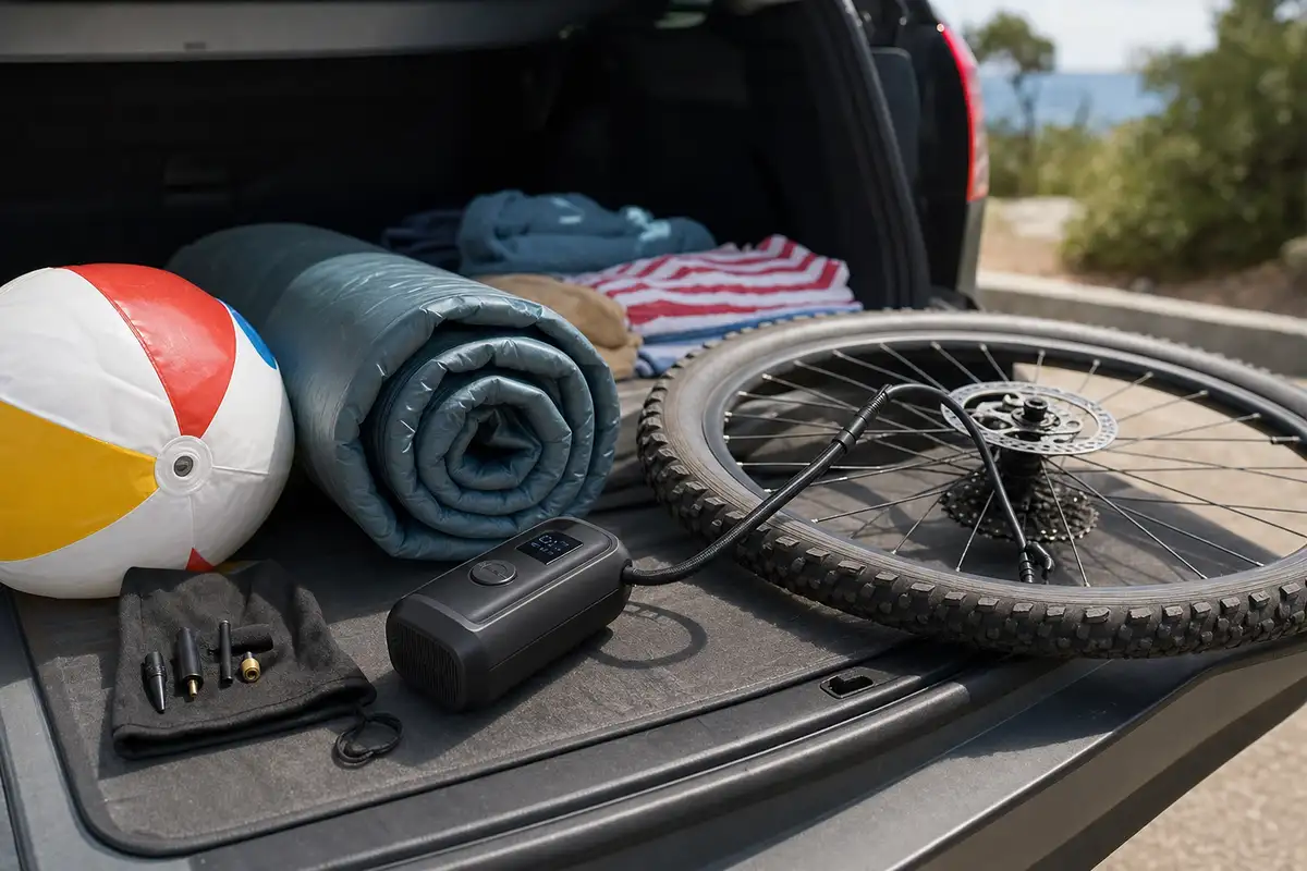 Pompa ad aria wireless con display nel bagagliaio dell’auto, accanto a ruota bici, materassino e palla