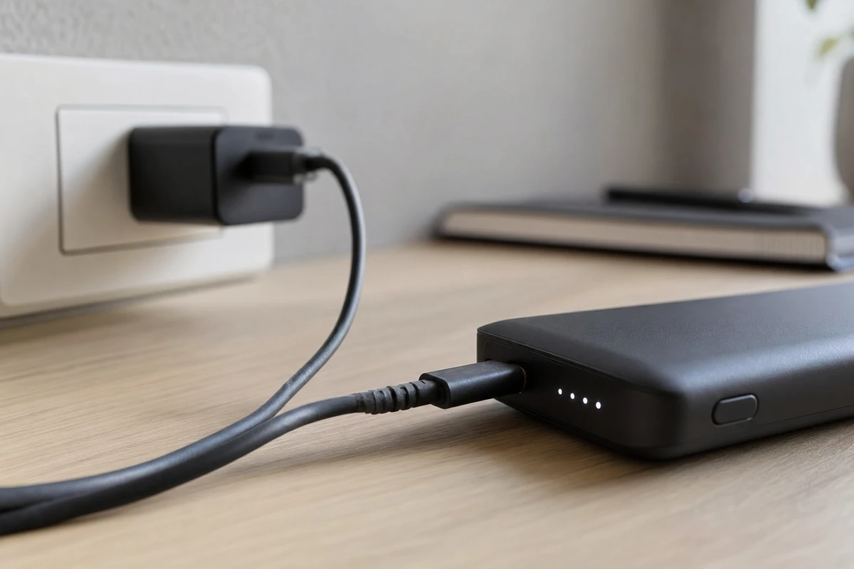 Power bank nero in carica su una scrivania, collegato con cavo USB a un alimentatore nella presa a muro