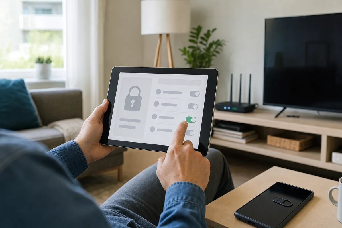 Mani che regolano impostazioni di sicurezza su un tablet, con smart TV e router Wi‑Fi sullo sfondo in salotto