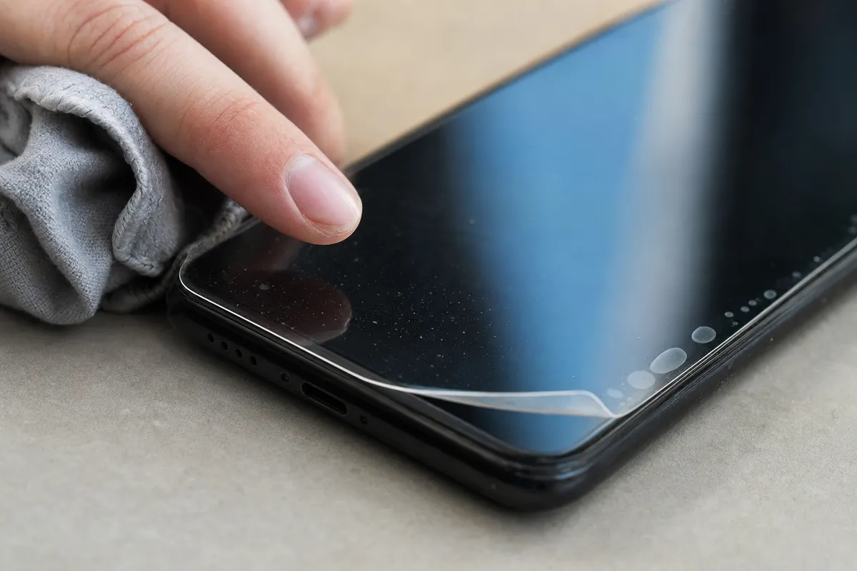 Dito che preme una pellicola protettiva sullo smartphone, con angolo sollevato e bolle d’aria visibili