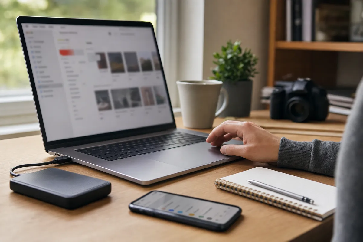 Scrivania con laptop aperto e interfaccia cloud sfocata, hard disk esterno, smartphone, taccuino e mano sul trackpad