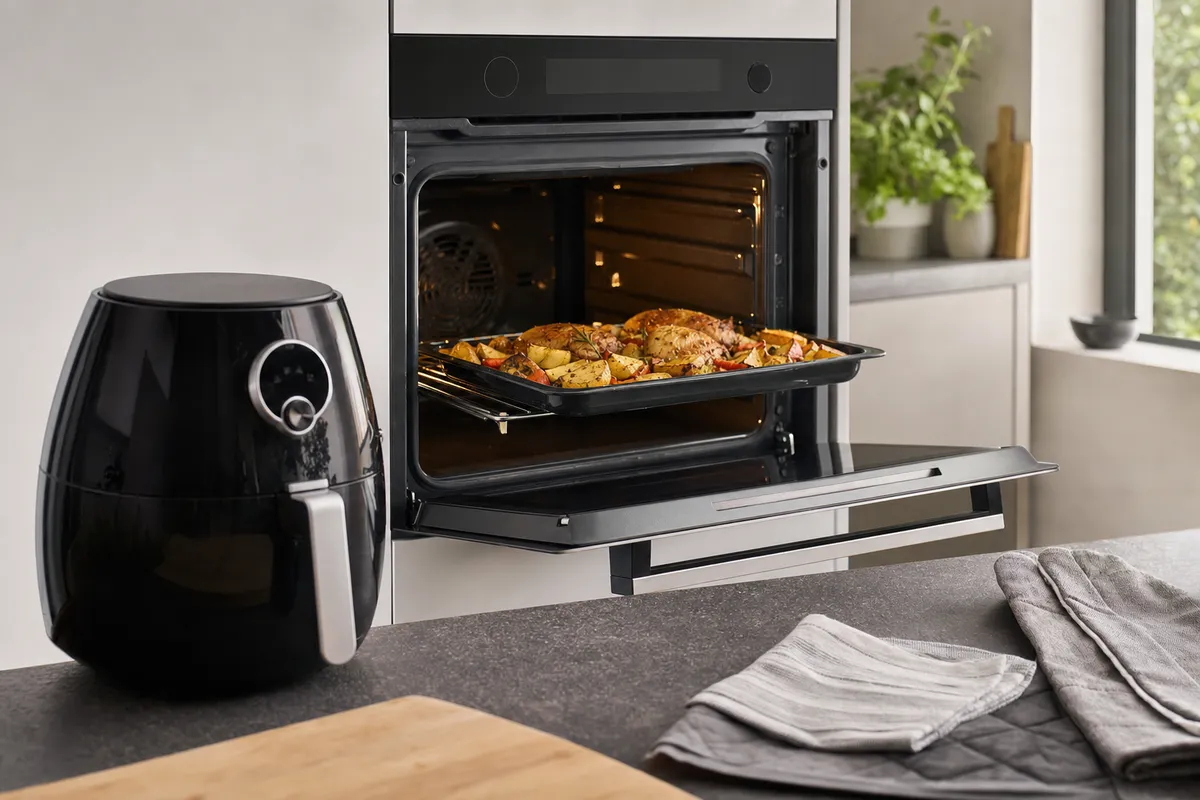 Forno a convezione aperto con teglia di pollo e patate, accanto a una friggitrice ad aria sul piano cucina