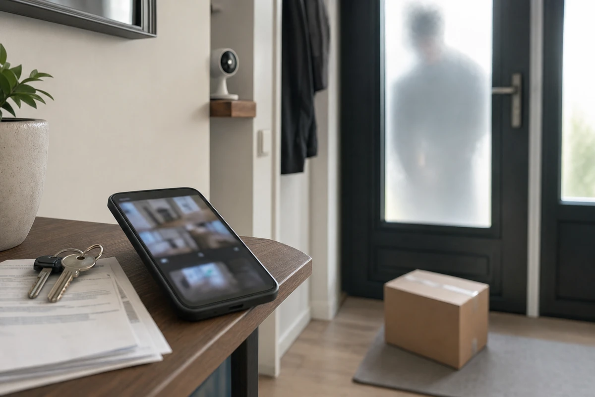 Smartphone su tavolo con chiavi e bolletta, videocamera di sicurezza e pacco vicino alla porta d’ingresso