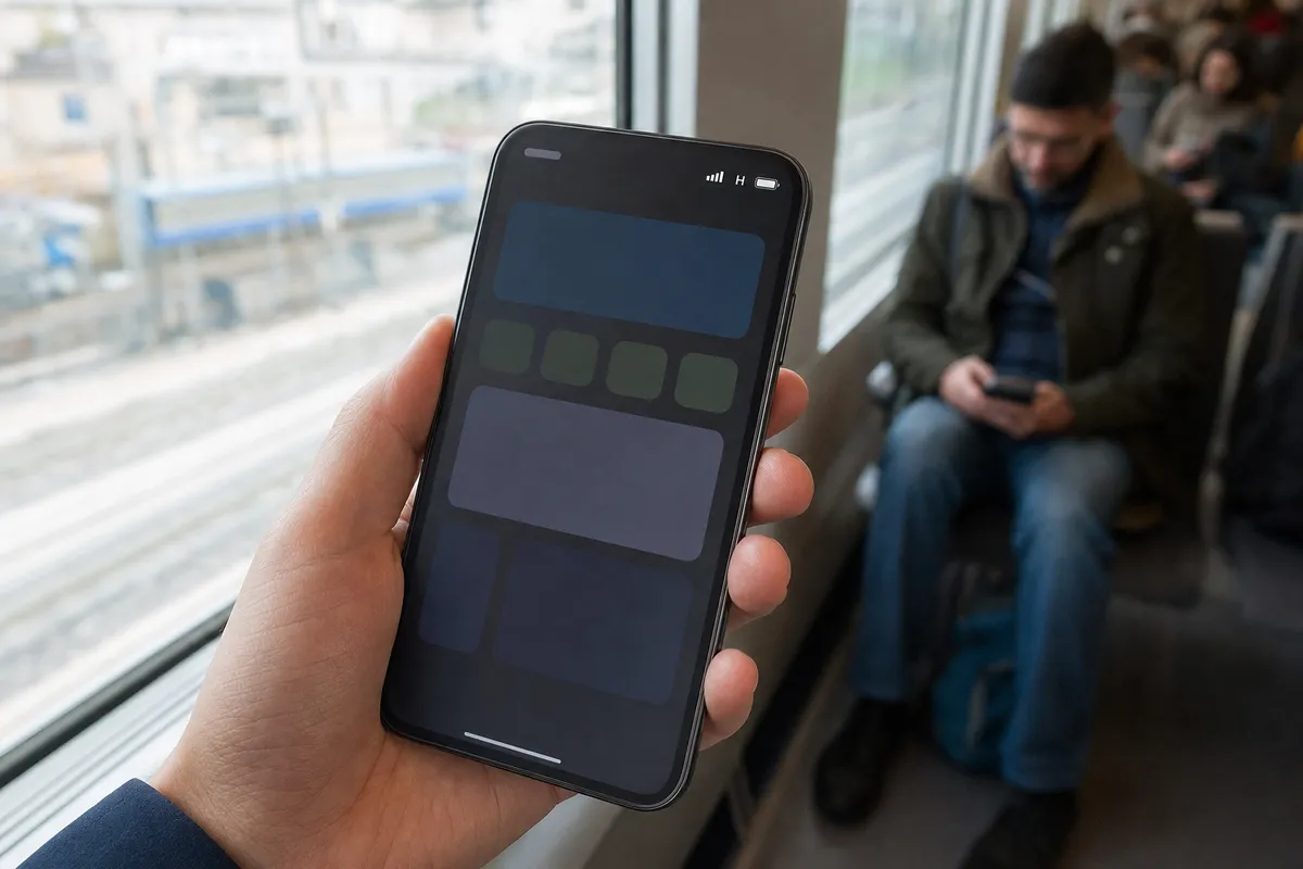 Smartphone in mano con indicatore di rete “H” nella barra del segnale, su un treno con passeggeri sfocati sullo sfondo