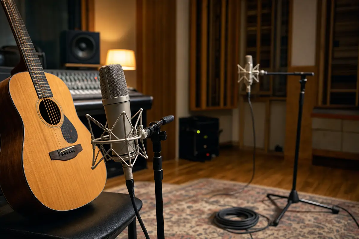 Chitarra acustica ripresa con due microfoni a condensatore a distanze diverse in uno studio di registrazione