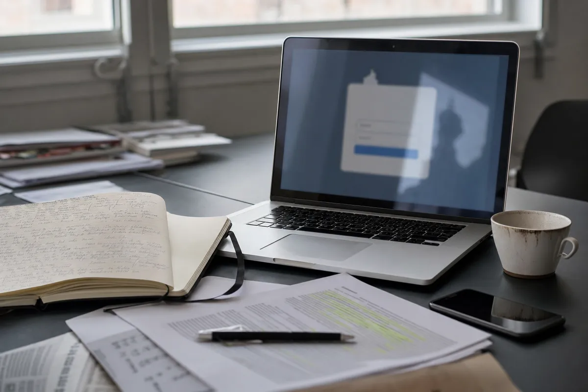 Scrivania con laptop su schermata di login sfocata, taccuino di appunti, fogli evidenziati, smartphone e tazza di caffè