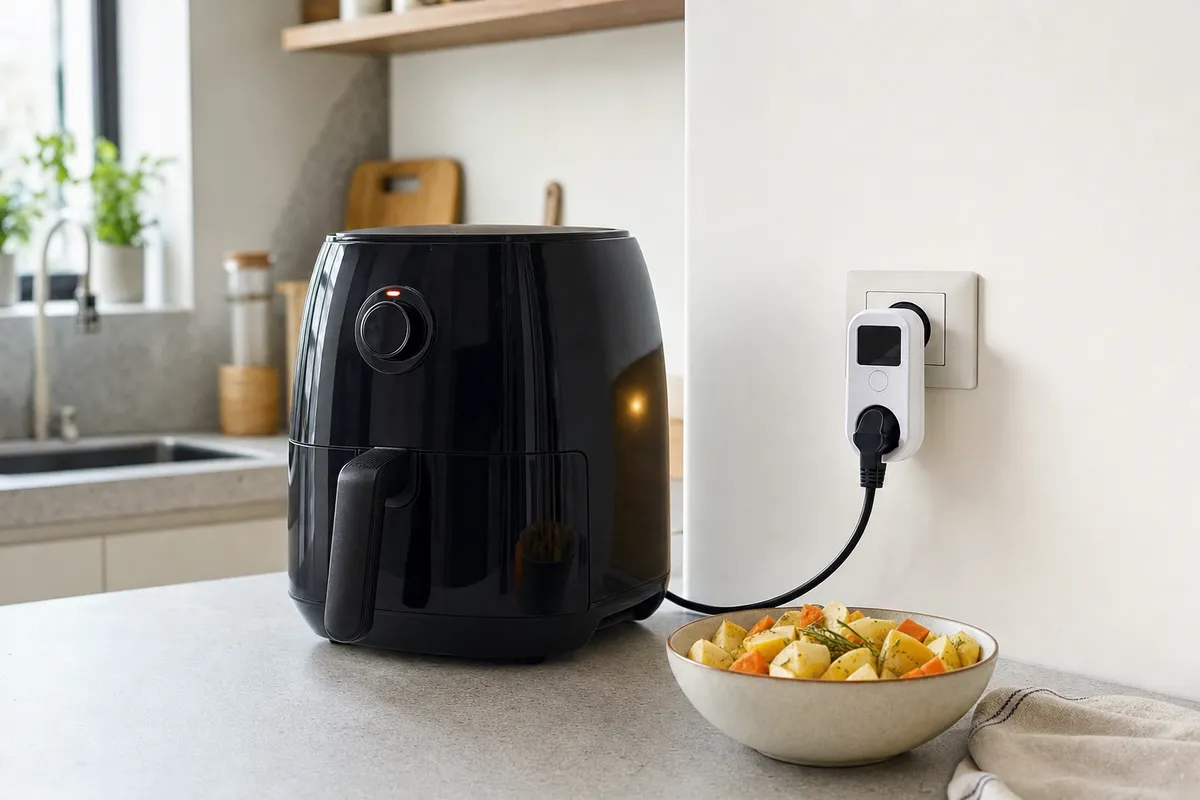 Friggitrice ad aria nera in cucina collegata a un misuratore di consumo elettrico, con ciotola di verdure a cubetti