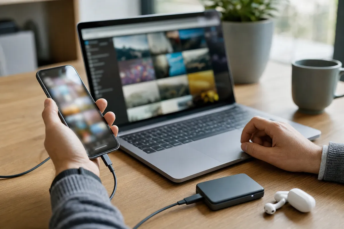 Mani al lavoro su smartphone collegato via cavo e laptop su scrivania, con SSD esterno e auricolari
