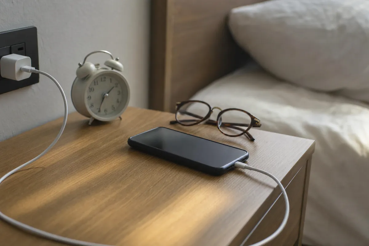 Smartphone in carica sul comodino con cavo collegato, sveglia analogica e occhiali accanto al letto
