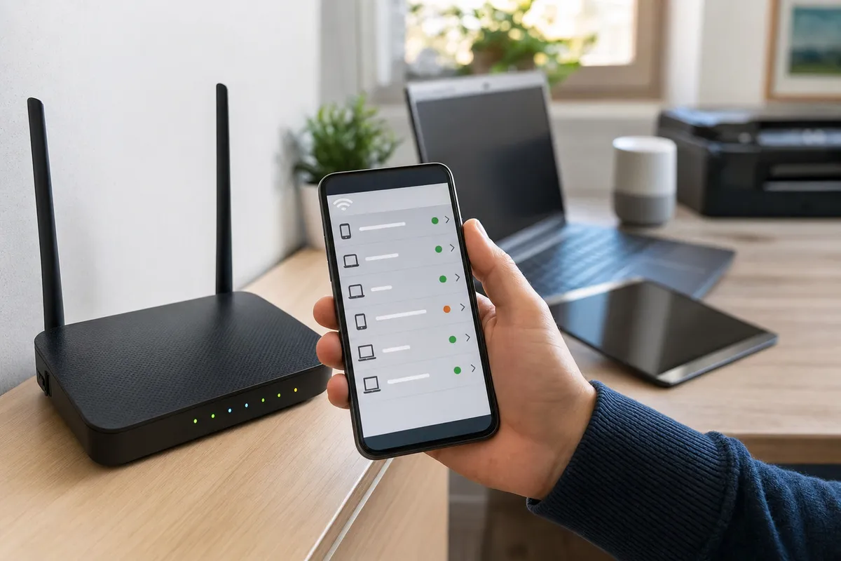 Mano con smartphone che mostra una lista di dispositivi vicino a un router Wi‑Fi su una scrivania, con laptop e tablet